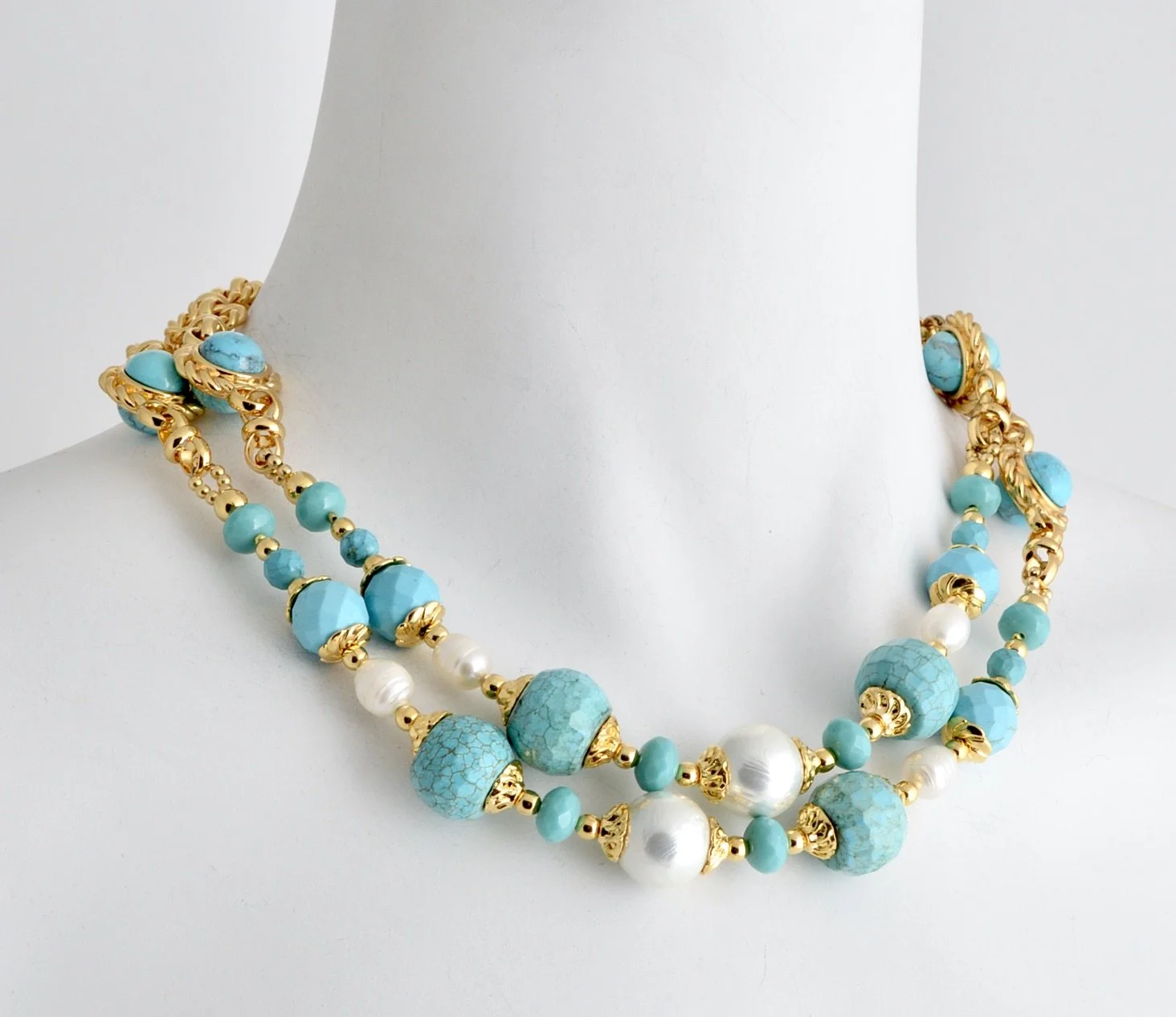 Larisa Barrera-Long Turquoise, Pearl Gold Chain Single Strand Necklace