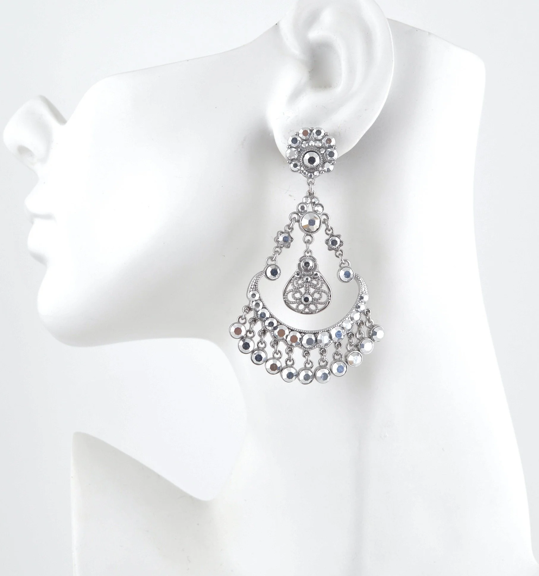 Silver, Silver Stone  Pendulum Fan Earrings-far view