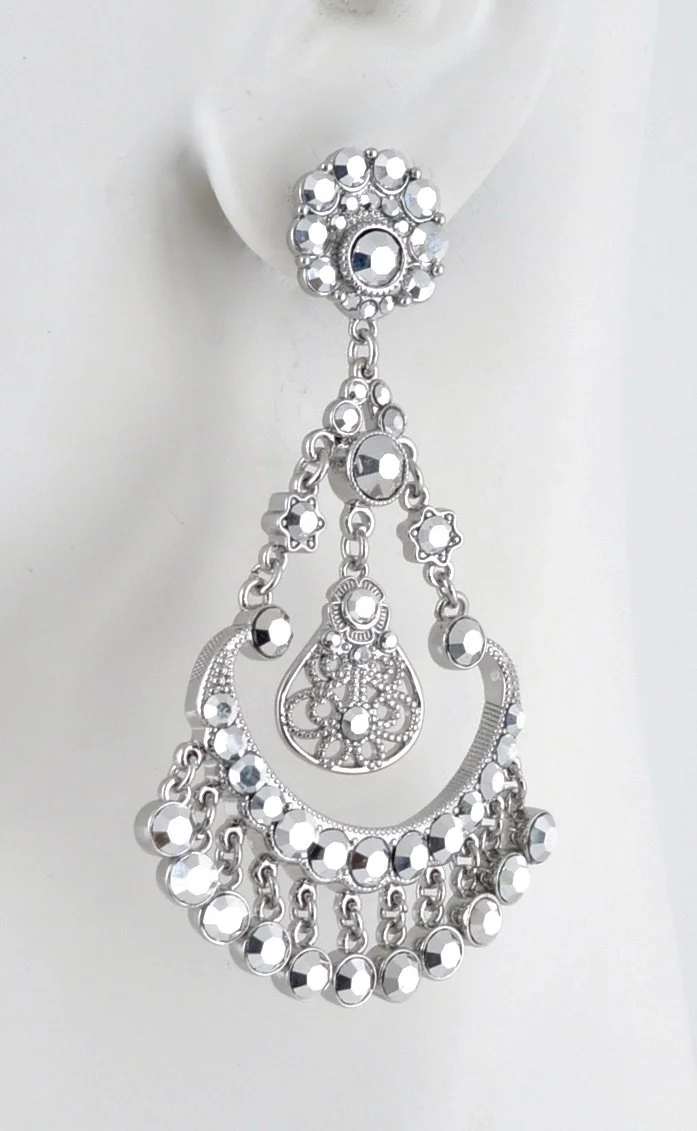 Silver, Silver Stone  Pendulum Fan Earrings-side view