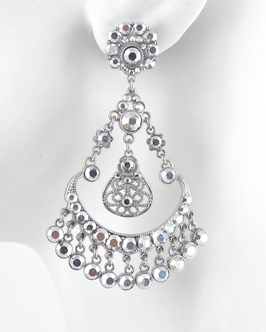 Silver, Silver Stone  Pendulum Fan Earrings