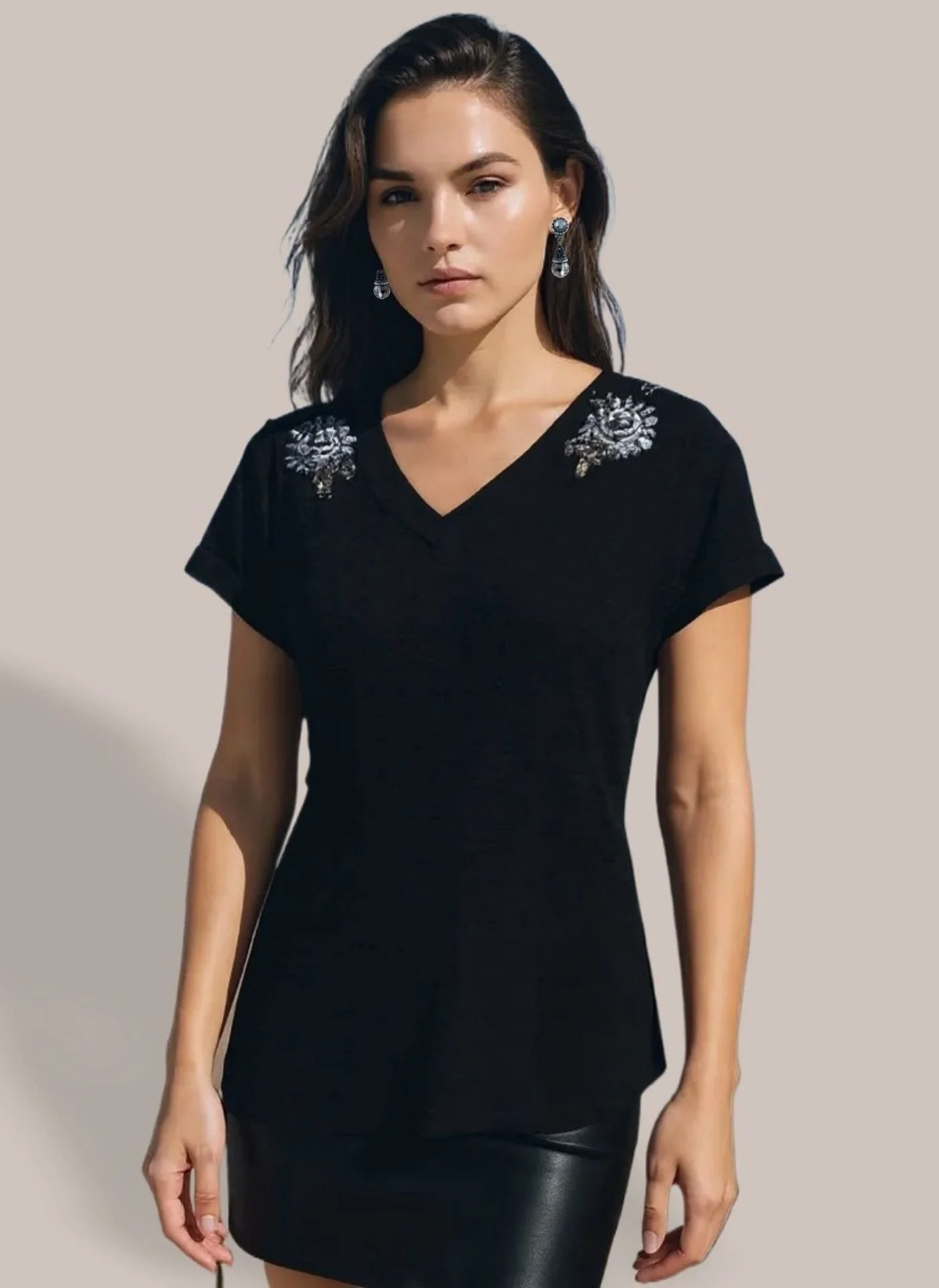Black Tee Shirt With Floral Beading