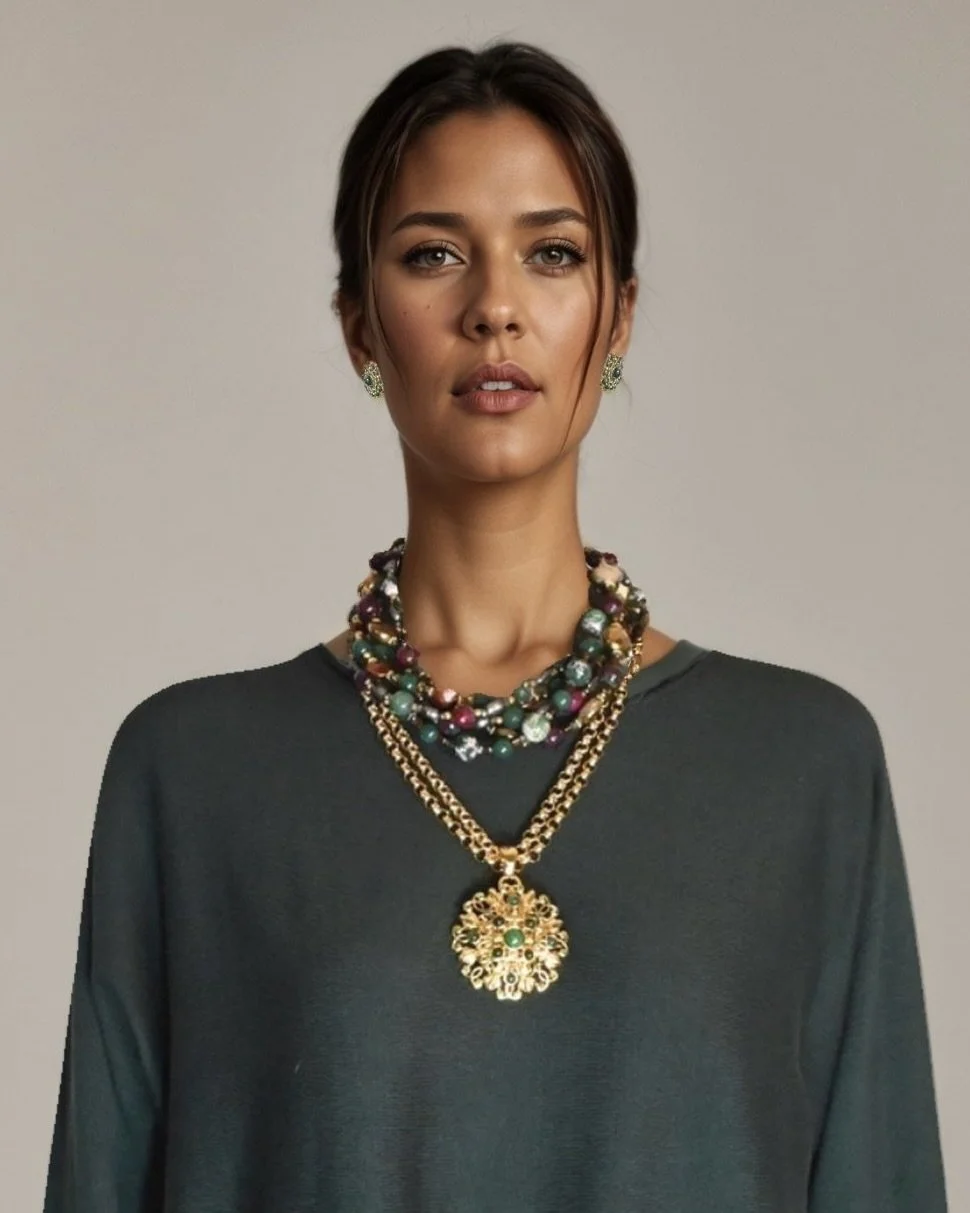 Woman wearing layered colorful beaded and gold jewelry, with earrings and necklaces, in front of a plain background.