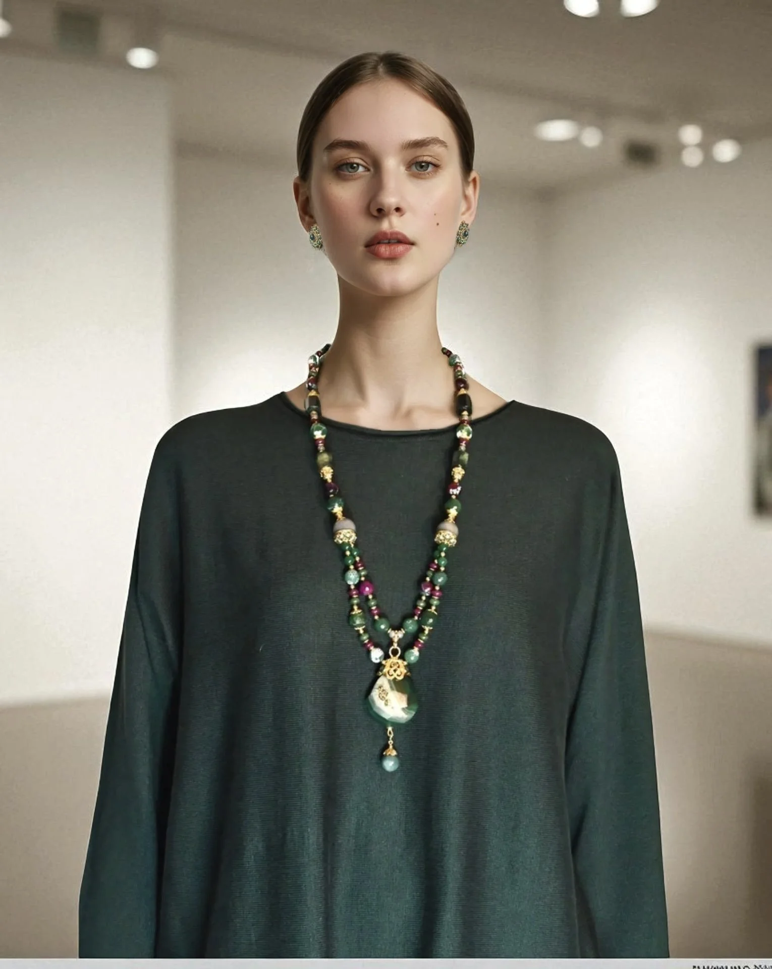earrings with long agate beaded necklace on green sweater.jpeg