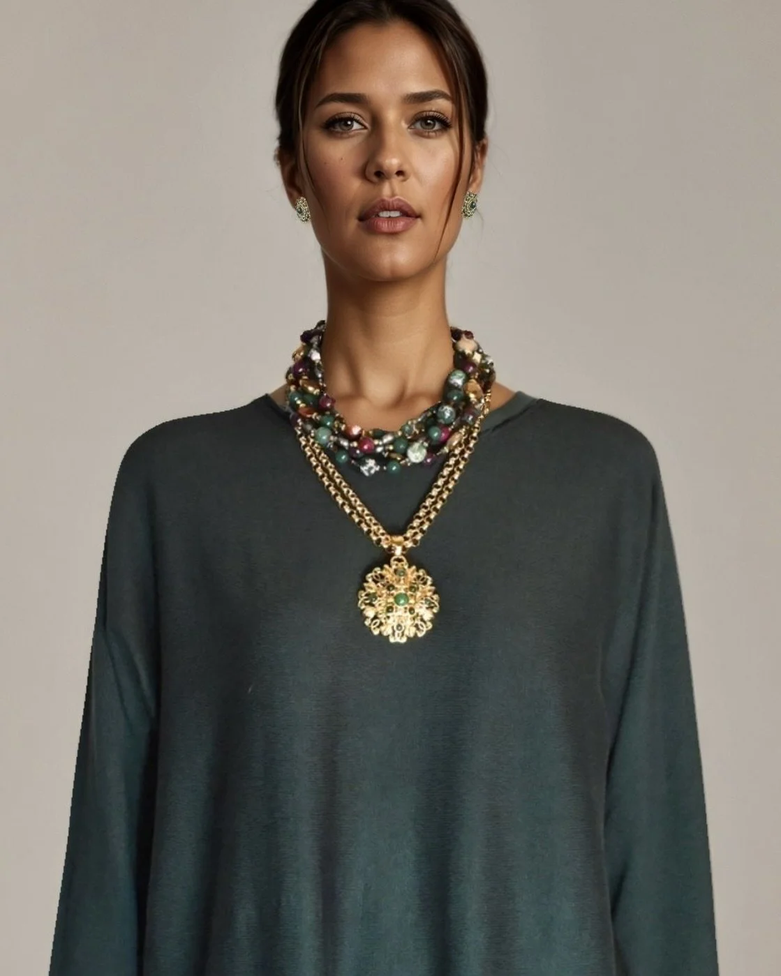 Mixed Green agate necklaces on brunete model.jpeg