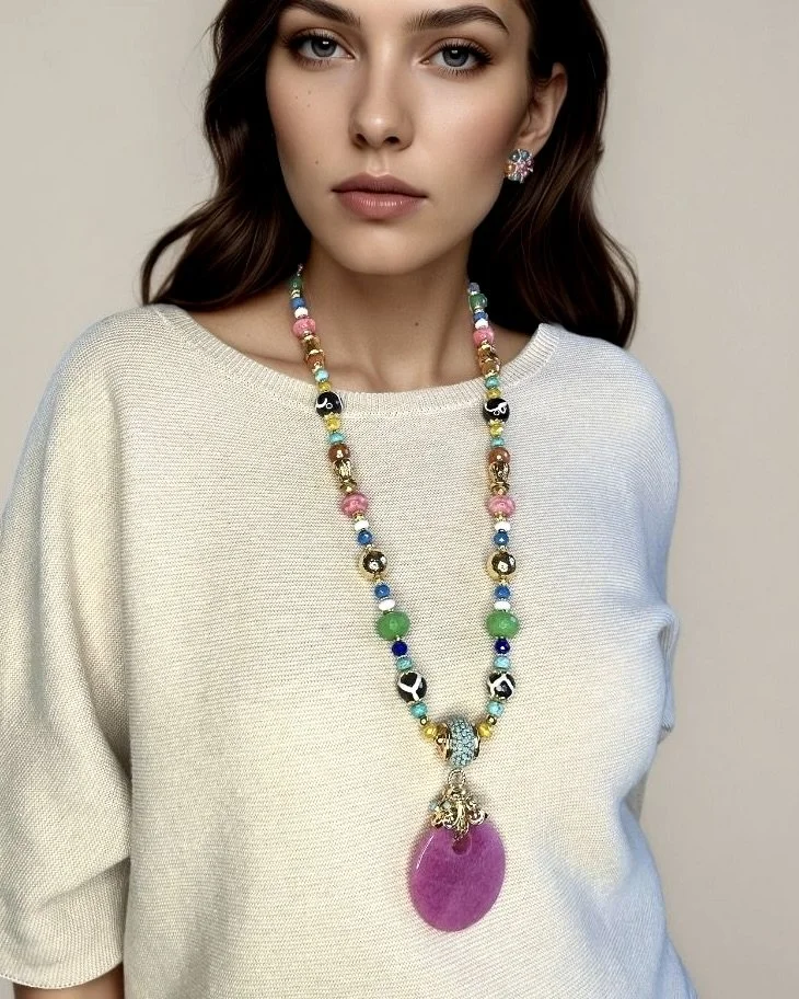 Bright Multi Color Agate Long Necklace With Hot Pink  Pendant