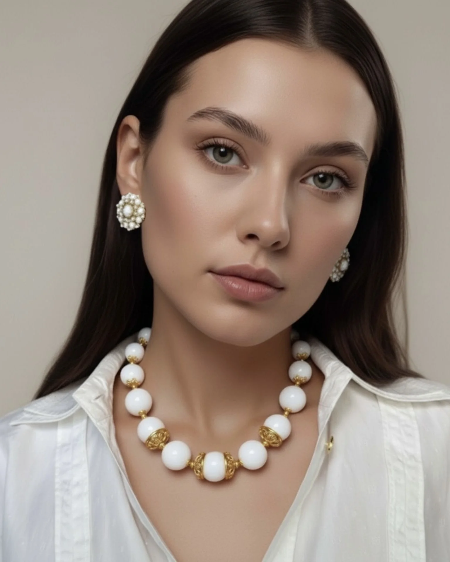 white necklace and earrings -on model with head tilt .jpeg