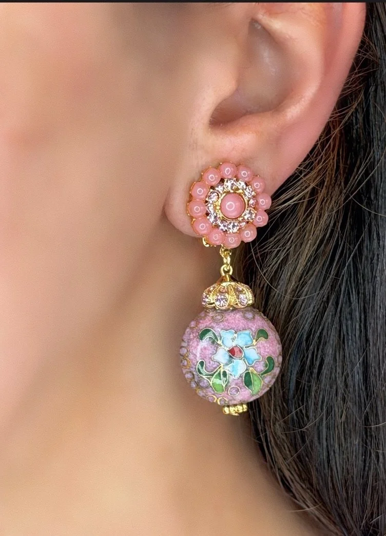 Soft Pink Rosette Cloisonné Drop Earrings