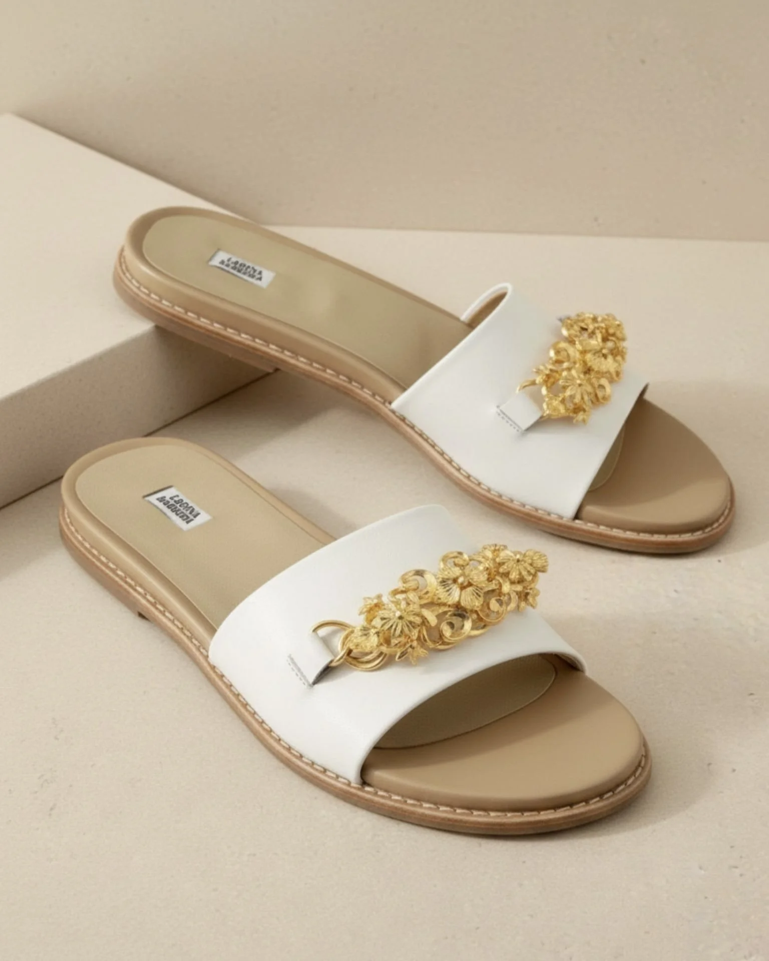 White Leather Flats with Gold Etruscan Ornaments