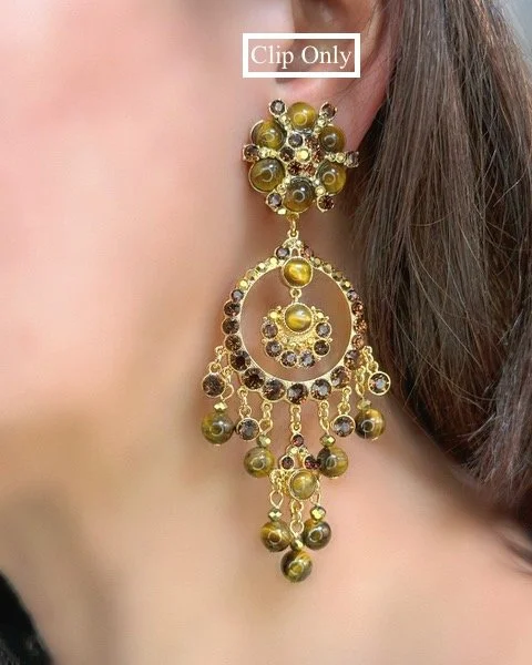 Brown Tiger Eye Circle Fringe Chandelier Earrings