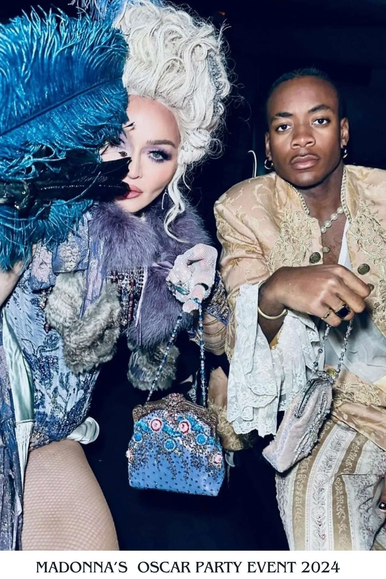 Madonna and her son David Banda at their Oscar Party 2024 carrying Larisa Barrera handbags