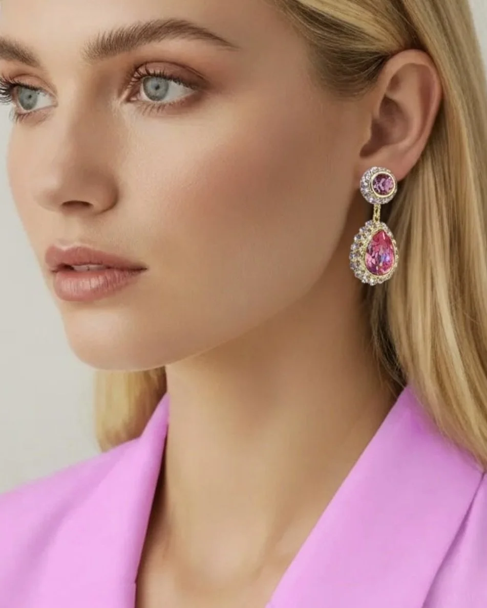 Rose Pink Teardrop Crystal Earrings (Clip or Pierced)