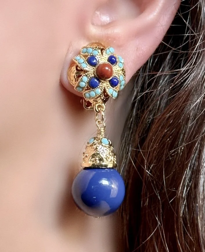 Red Jasper, Cobalt  Blue, Turquoise Clip Earrings With Blue  Drop Earrings