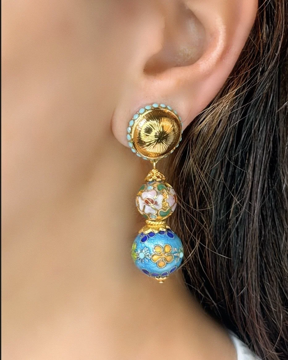 Exquisite Gold & Turquoise Cloisonné Drop Earrings