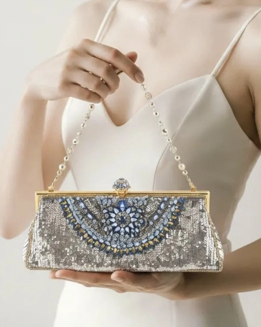 Larisa Barrera-Lite gold and Aqua Beaded clutch Shape Evening Bag
