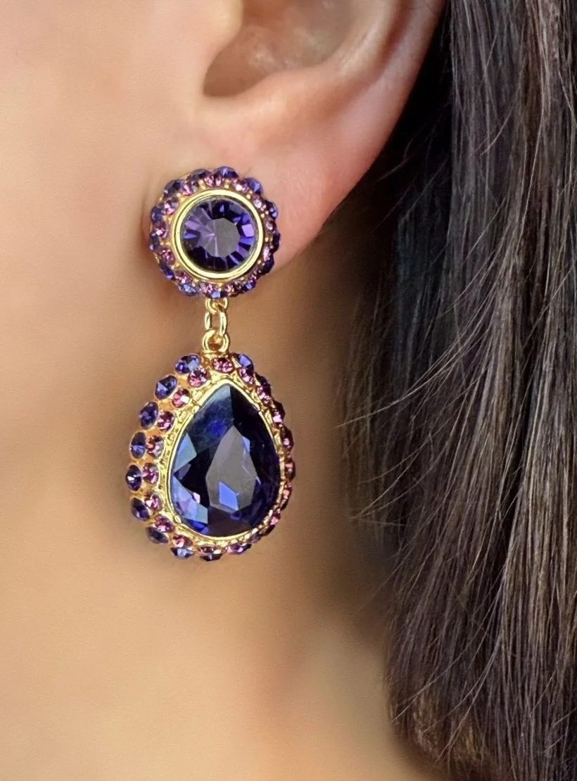Mixed Dark Purple Crystal Teardrop Earrings (Clip or Pierced)