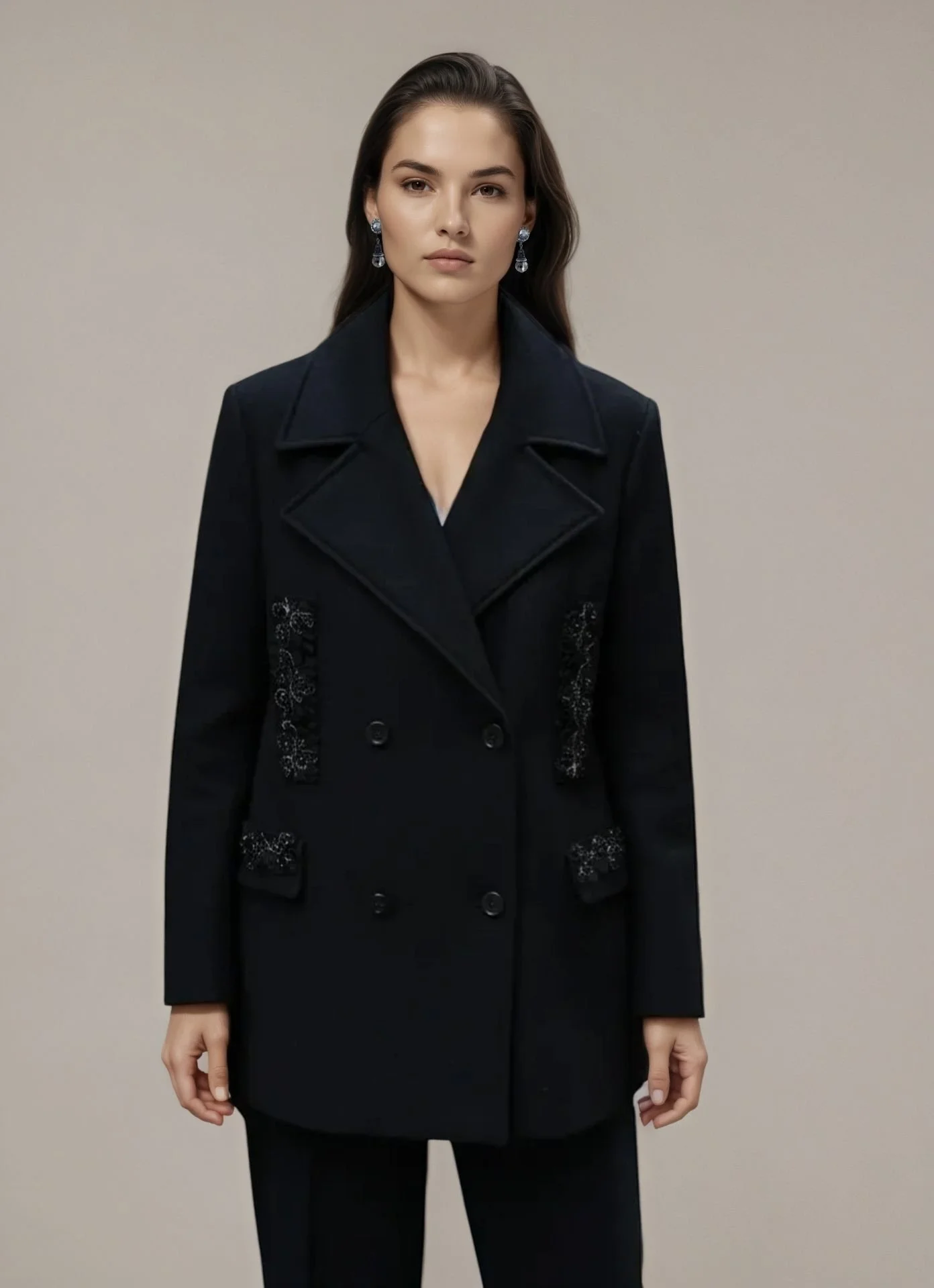 Elegant Black Peacoat with Beading And Jet Accent Buttons