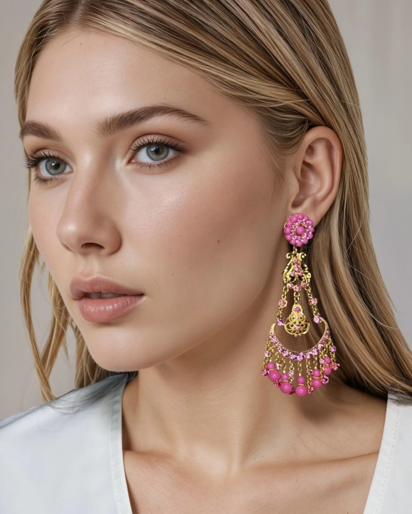 Bright Pink Cascading Fan Chandelier Earrings