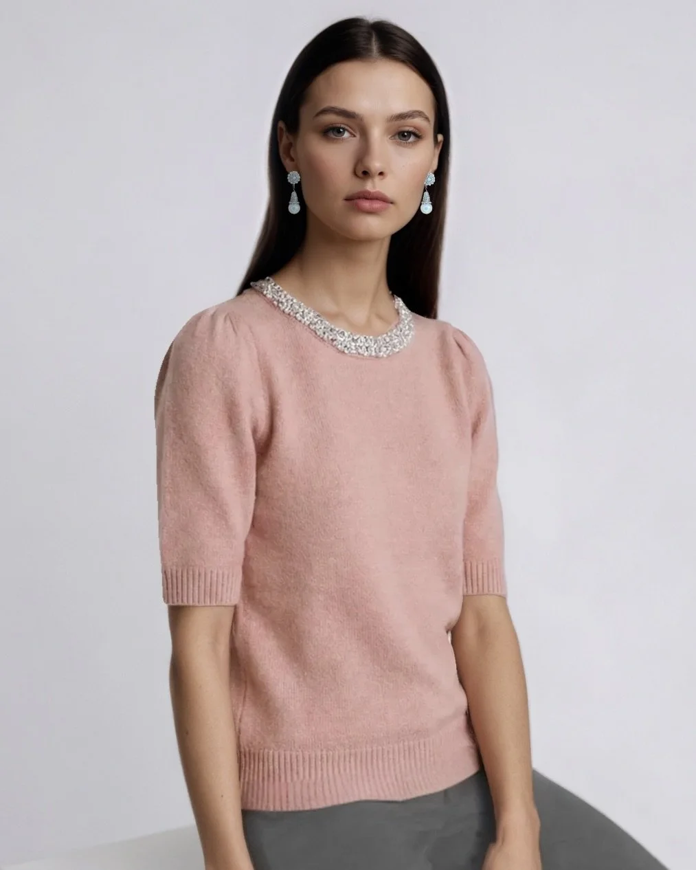Elegant Pink Pearl & Crystal Beaded Sweater