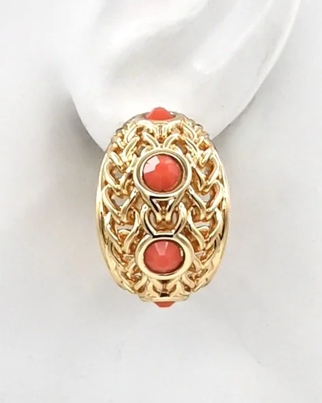 Gold Braided Hoop Clip Earrings With Faceted Coral Color Stones
