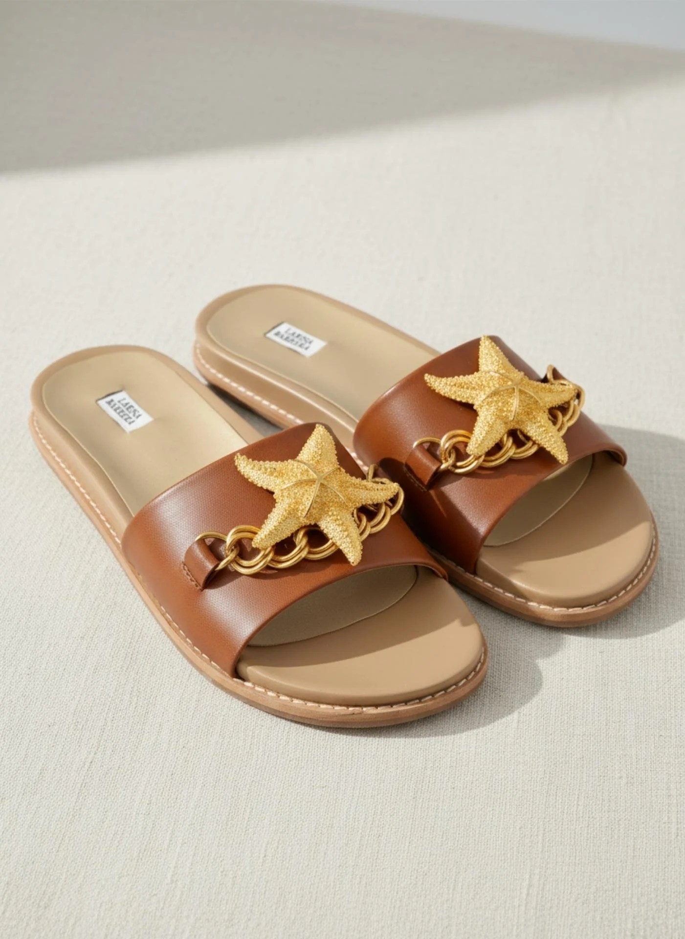 Elegant Brown Leather Flats With Gold Starfish