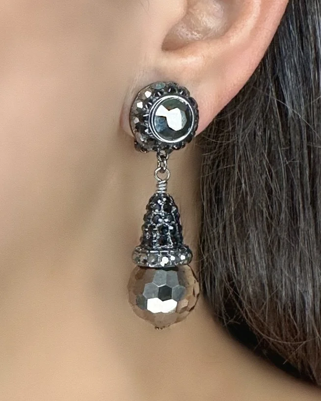 Jet Hematite Gunmetal Round Earrings With Pave Stone Drop And Faceted Gunmetal Drop on ear
