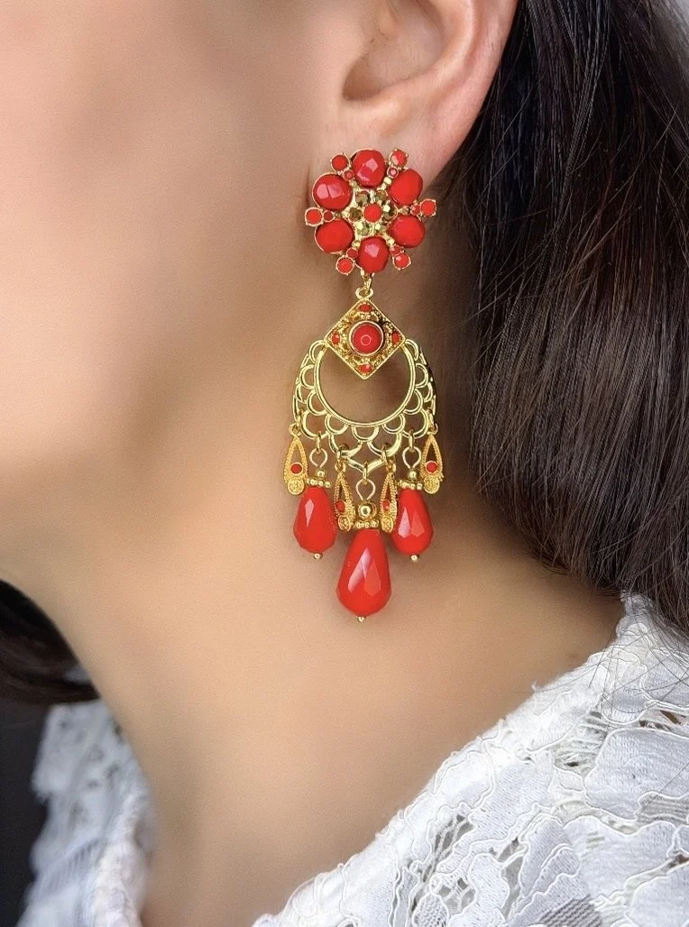 Red Starburst Clip Chandelier Earrings With Drops