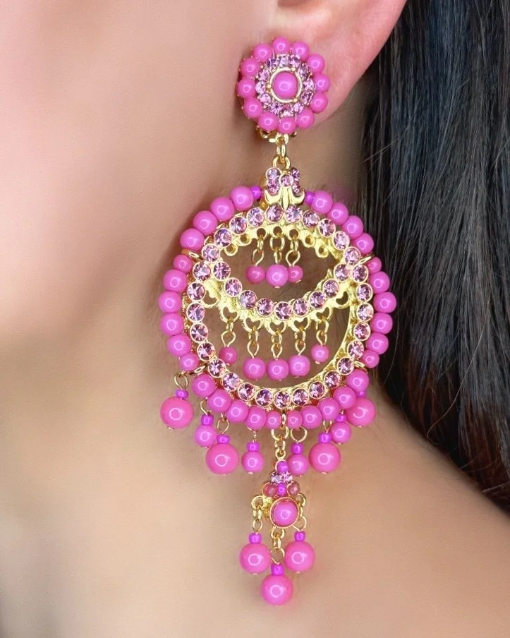 Vibrant Pink Circle Chandelier Earrings (Clip or Pierced )