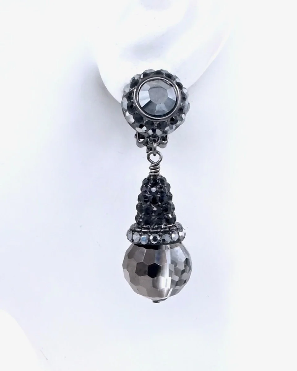 Jet Hematite Gunmetal Round Earrings With Pave Stone Drop And Faceted Gunmetal Drop sill life