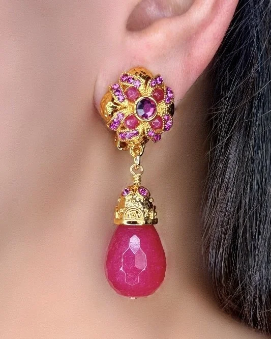 Fuchsia and Pink on Gold Clip Earring with Teardrop Bead Drop