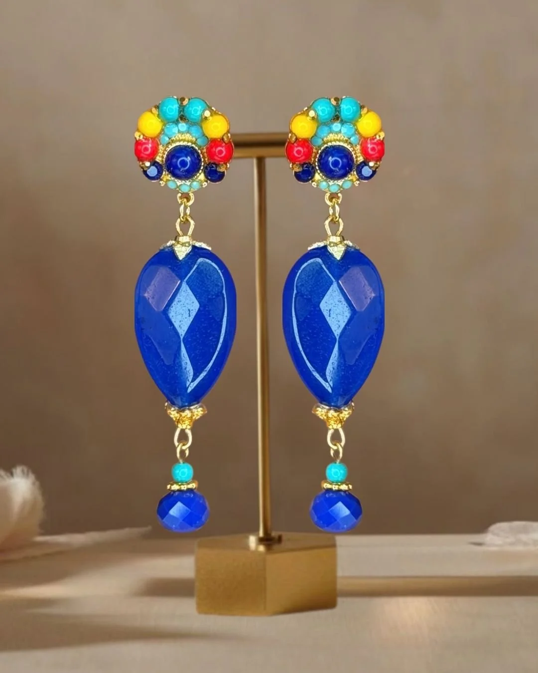 Crescent Bright Multi-Color Earrings with Cobalt Blue Drops (Clip or Pierced )