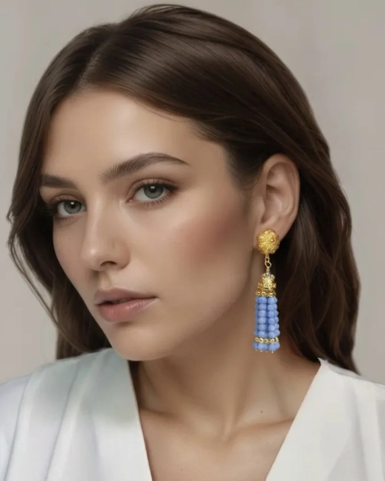 Pale Blue Beaded Tassel Clip Earrings