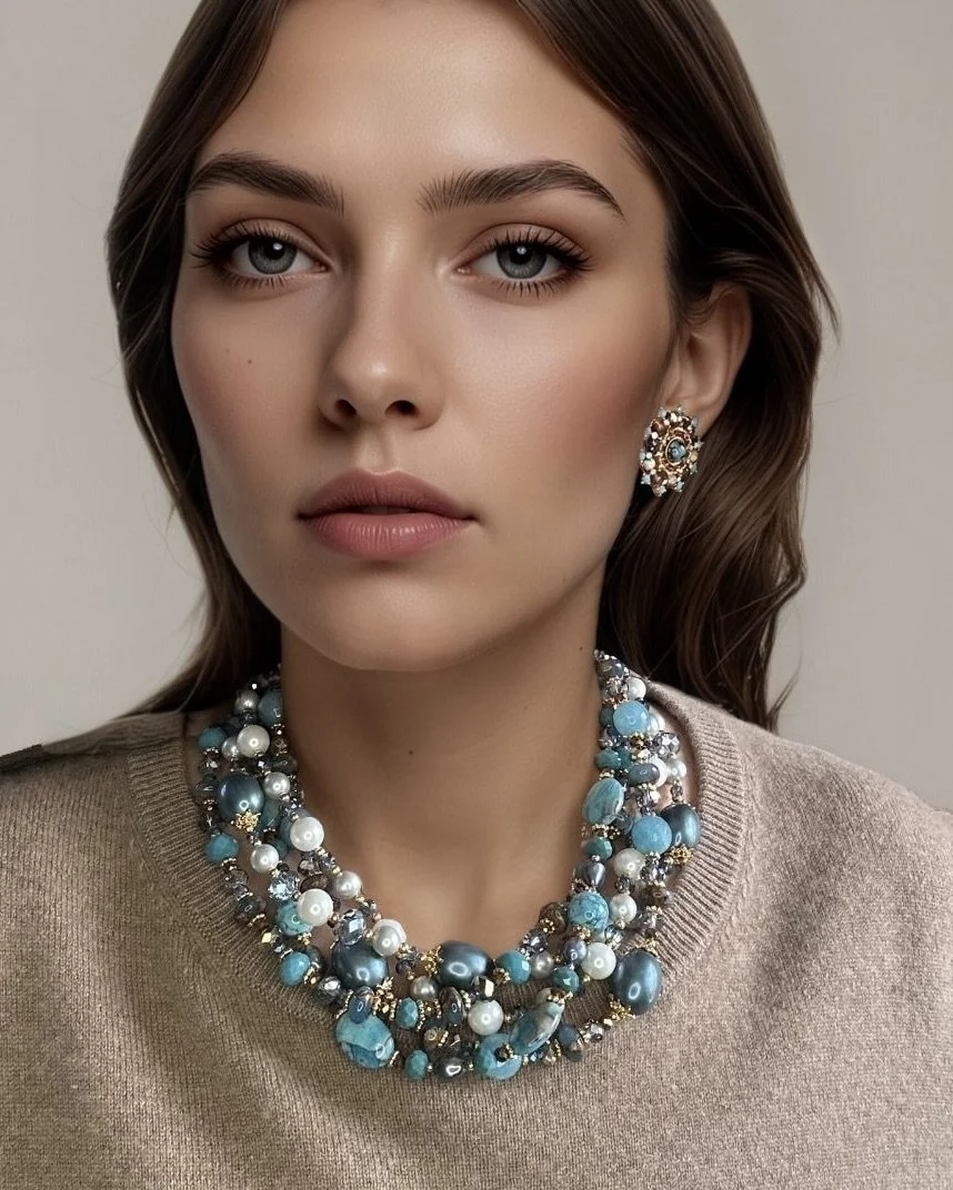 Twist Teal / Brown Agate And  Pearl Necklace