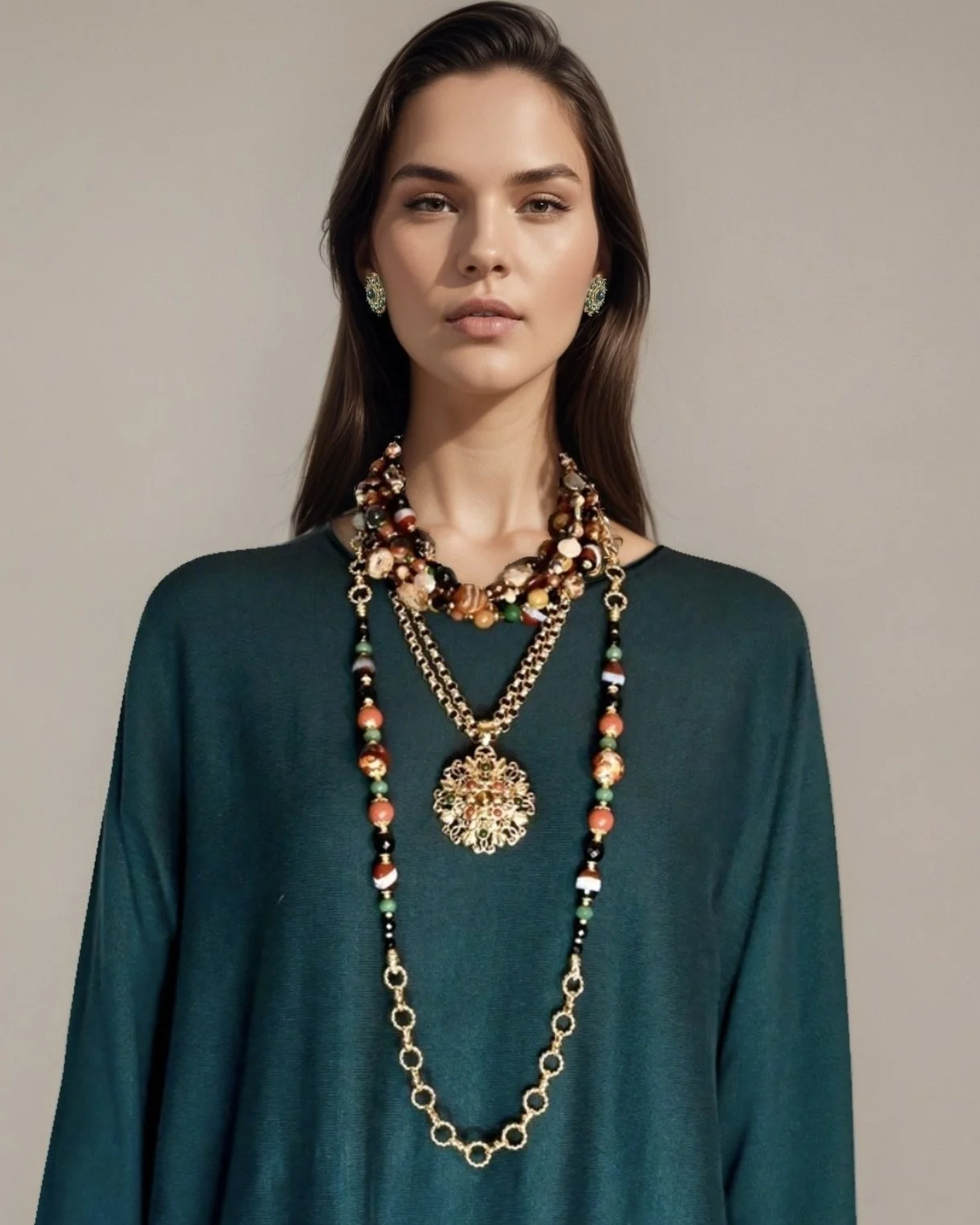 Woman wearing multiple layered colorful beaded and gold necklaces, large matching earrings, and a teal top against a neutral background.