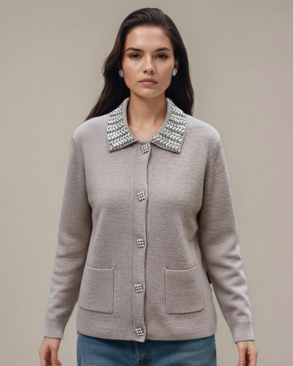 Elegant Beige Cardigan Sweater With  Beaded Crystal Collar And Buttons