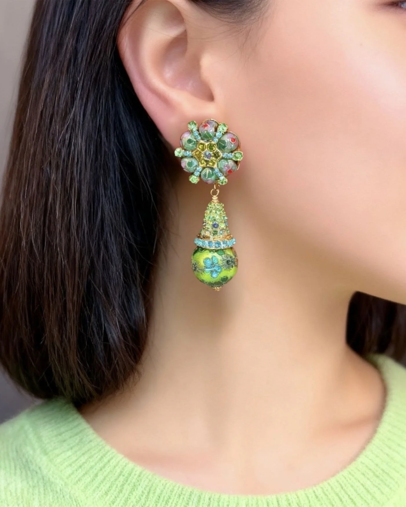 Pale Green Starburst Cloisonné Clip Earrings with Peridot Crystal Drop
