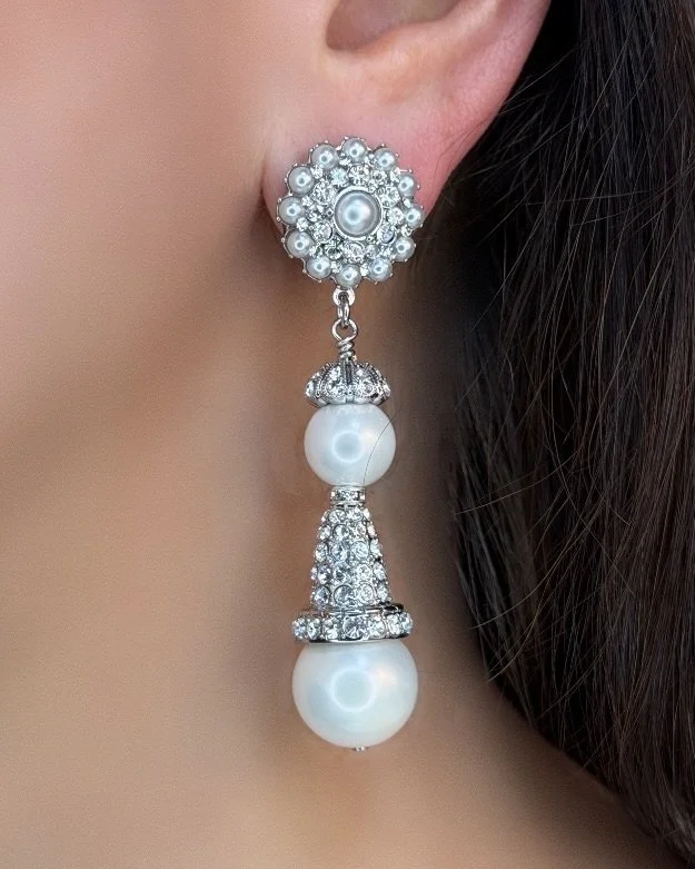 Silver, Pearl, Crystal Rosette Earrings With Linear Crystal Pearl Drop ( Clip or Pierced)