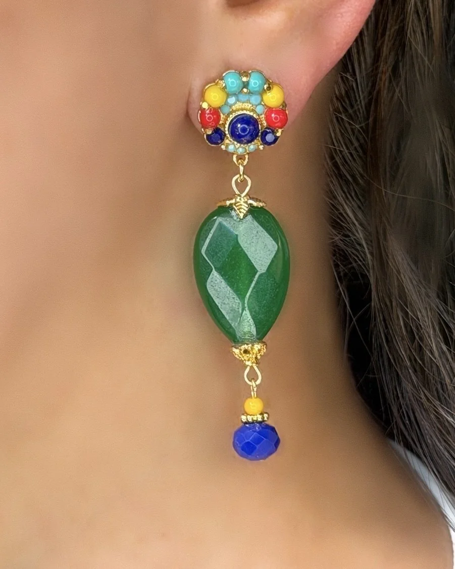 Crescent Bright Multi-Color Earrings with Green Drops (Clip or Pierced )
