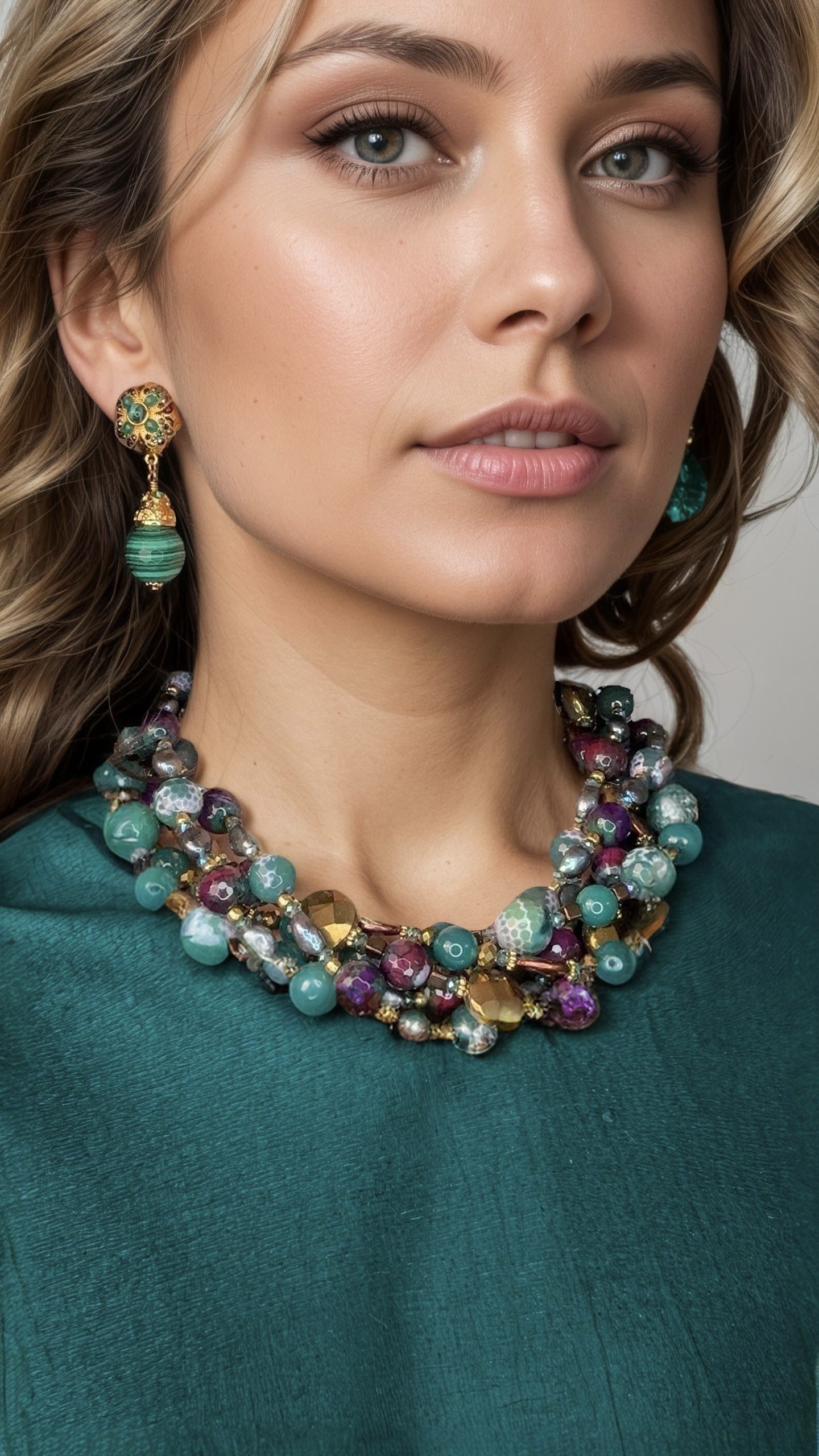 A woman wearing a green top paired with a layered beaded necklace and matching earrings.