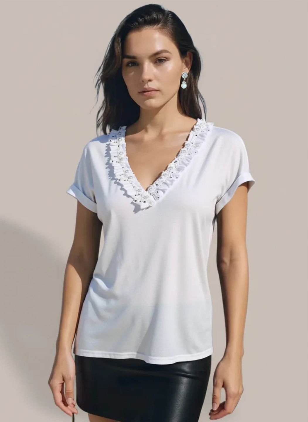 White Tee Shirt With Embroidery Of  Pearls, Silver Sequins, and Ruched Chiffon
