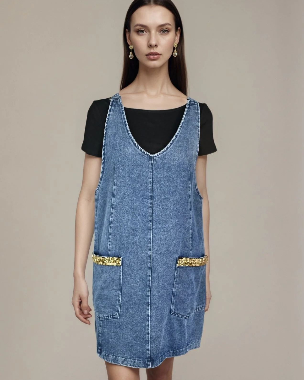 Blue Denim Dress With Gold Beaded Pocket Trim