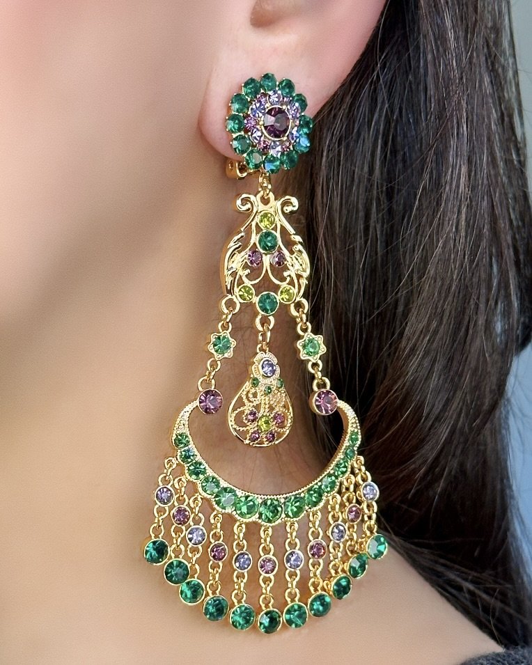 Emerald Amethyst Rosette Cascading Fan Chandelier Earrings ( Clip Or Pierced)