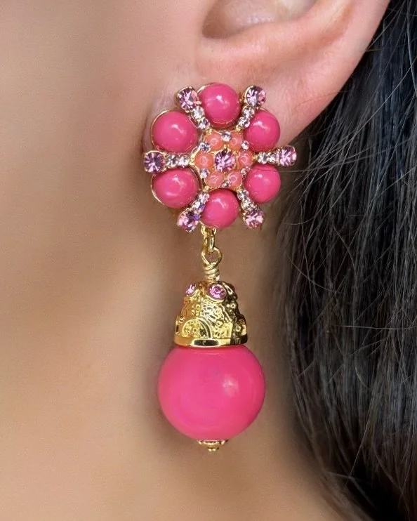 Bright Pink Starburst Drop Clip Earrings