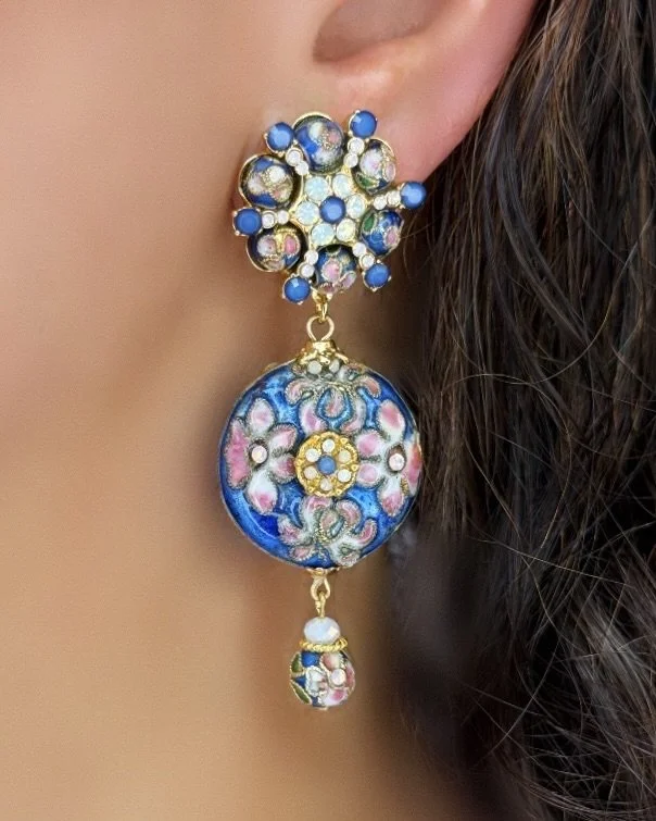 Blue & Pink Cloisonné Disc Drop Earrings