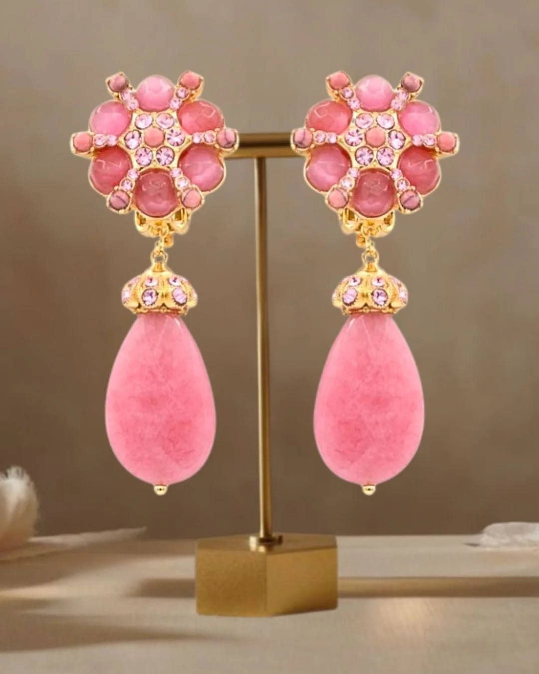 Dusty Pink drop earrings-still life with brass stand.jpg (Copy)
