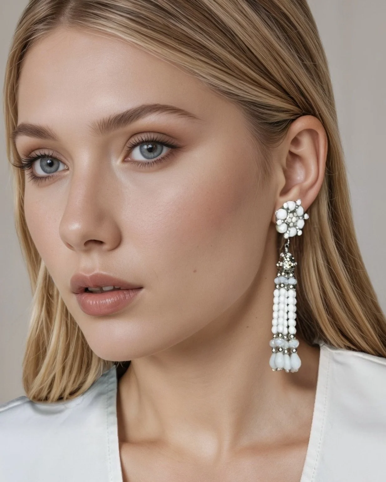 Silver White Starburst Clip Earrings With Beaded Tassels