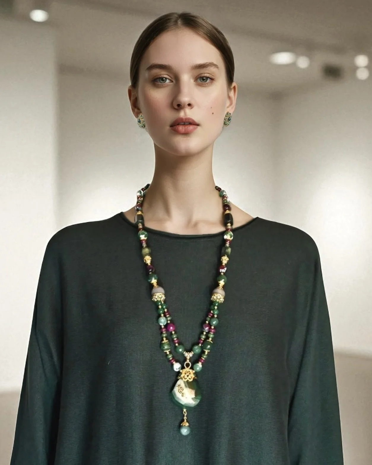A young woman with fair skin and short brown hair wearing a black top, colorful beaded necklace, and matching earrings, standing indoors with a neutral background.
