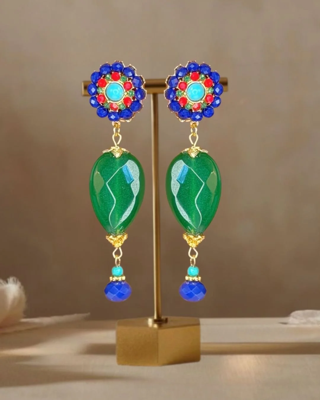 Rosette Multi-Color Earrings with Green Drops (Clip or Pierced )
