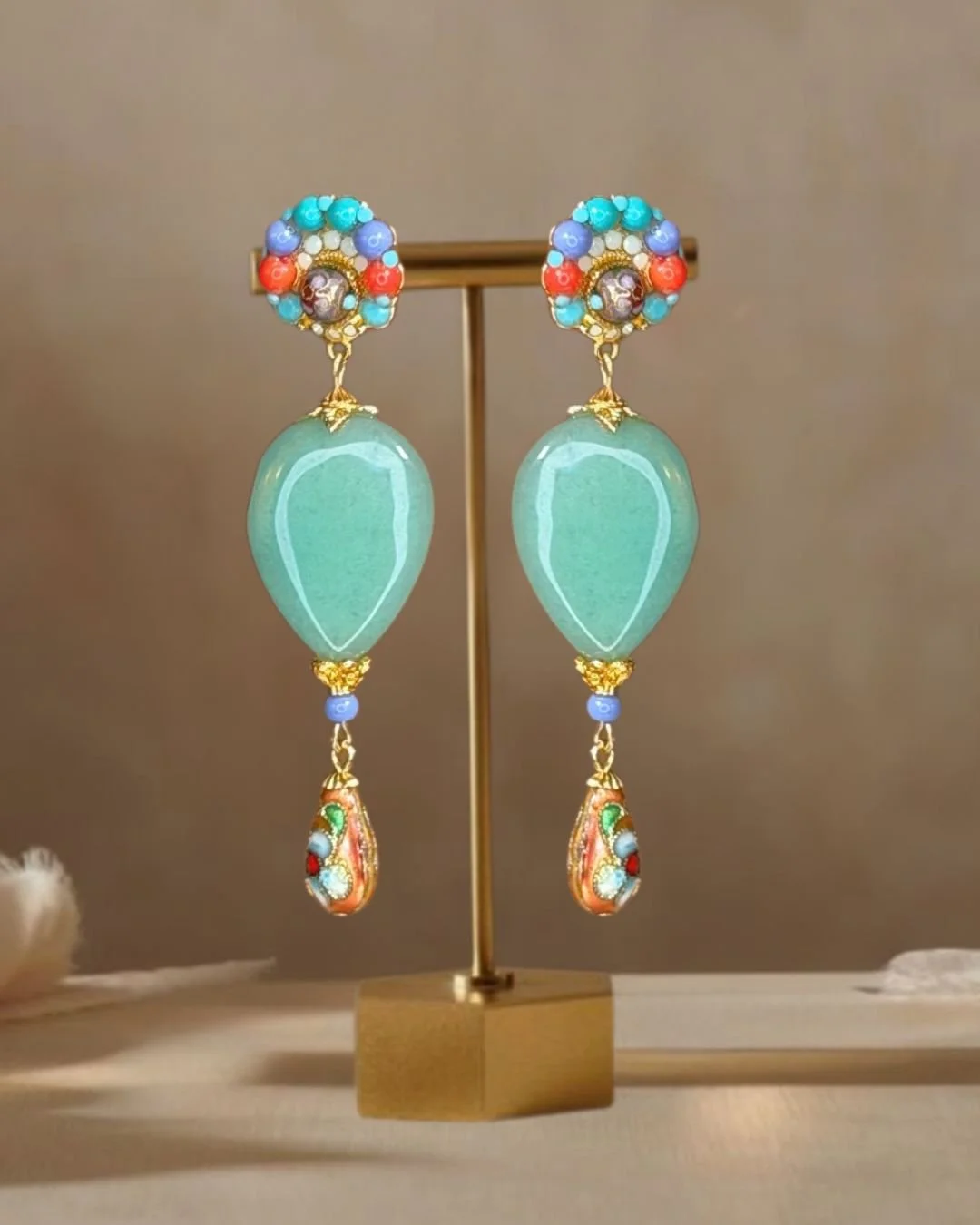 Pastel: mint teardrop earrigns -still life with brass stand.jpg