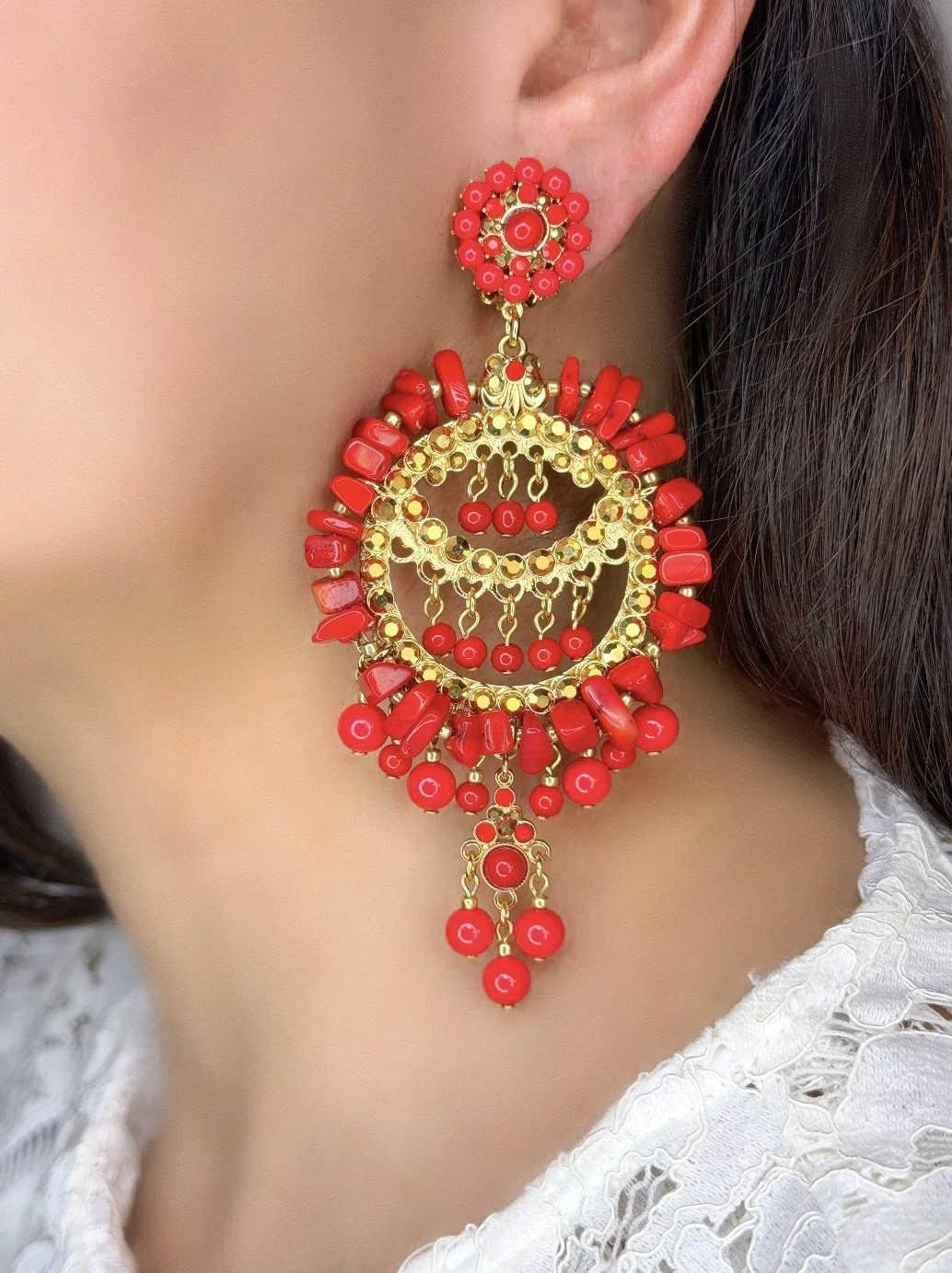 Red Coral Radiance Chandelier Earrings (Clip Or Pierced)