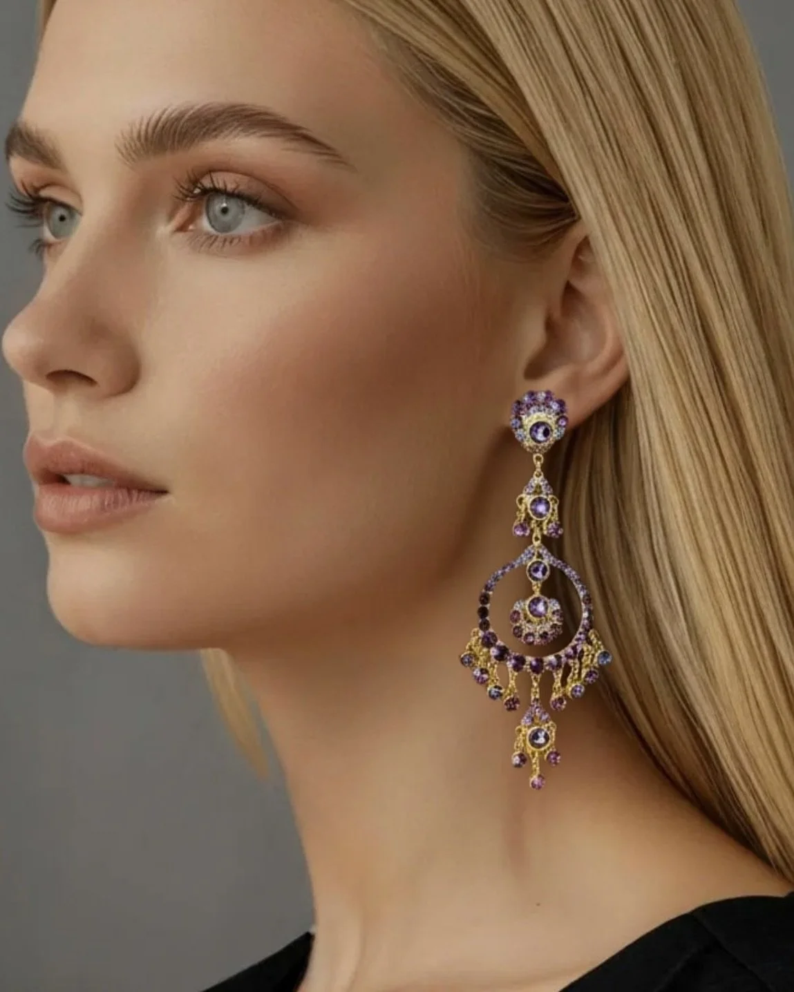 Mixed Purple Gold Linear Circle Chandelier Earrings ( Clip Or Pierced)